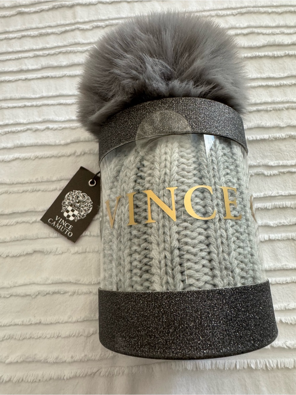 Vince Camuto Light Gray Knit Pom Hat with Faux Fur Pom
